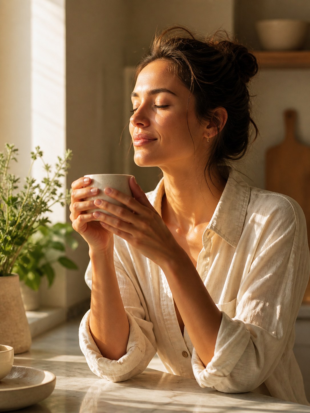 A calm, focused woman enjoying her morning ritual